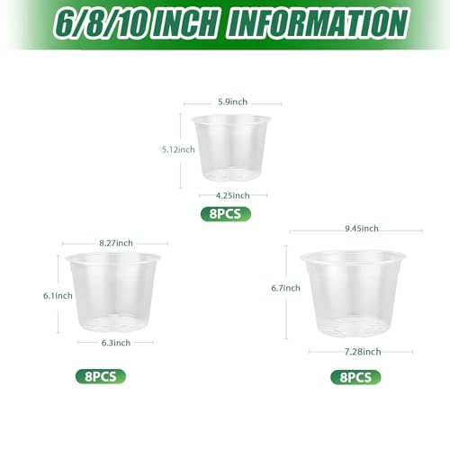 24 Pack 6/8/10 Inch Clear Nursery Pots with Drainage, Large Clear Plant Pot