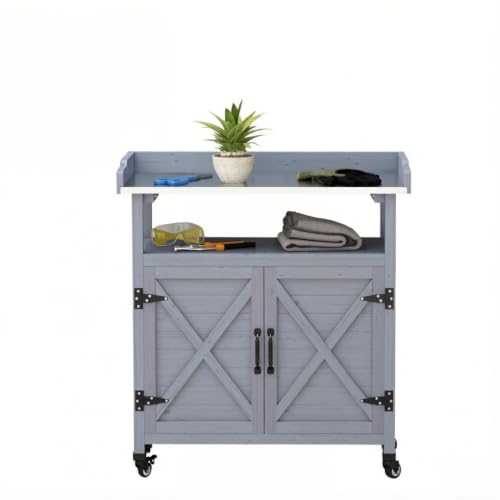 Gray Fir Wood Vanity Table with Aluminum Top and Cabinet Storage - color: Gray - 33.90 X 15.90 X 37.40 Inch