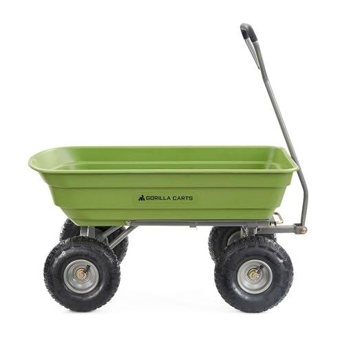 Gorilla Carts 600-Pound Capacity Heavy Duty Poly Yard Garden Steel Quick Dump Utility Wheelbarrow Wagon Cart with Straight Pull Handle, Green, Model GOR4G-COM - size: 4-Cubic Feet, style: Pneumatic-Green