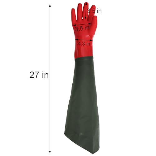Okllen 2 Pair Long Waterproof Gloves, 27 Inch Elbow Gloves, PVC Chemical Resistant, Acid/Oil Resistant, Insulated Cotton Lined for Cleaning, Pond, Chemical Work, Red & Blue