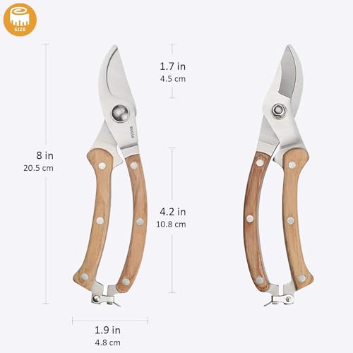 BUGUI Wood Handle Pruning Shears, SK-5 Steel Blade, 1-inch Cutting Capacity, Sharp, Well Designed Garden Shears, 8" - style: 8"WoodHandleShears(E012)