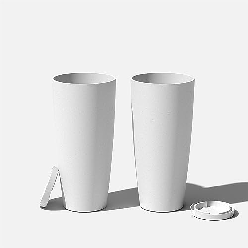 Veradek Vega Round Tall Planter Pots for Indoor/Outdoor Use | Made from Plastic - Stone Mix with Drainage Holes | Perfect for Small to Large Succulent Plants, Flowers, Modern Interior Plants - color: White, size: 28 inch - 2 pack with saucers