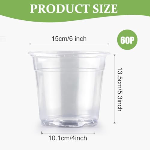 RooTrimmer 60 Pack 6 Inch Clear Nursery Pots for Plants, Flexible Plastic Plant Pots with Drainage Holes, Transparent Plant Starter Pots for Seedlings, Vegetable, Succulents, Flowers - size: 6Inch 60P