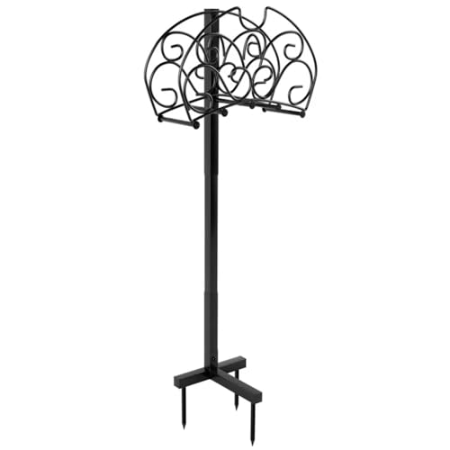 42" Detachable Freestanding Metal Garden Hose Holder | Heavy-Duty Stand with Shelf, Wall-Mountable Option, and 3-Point Ground Anchor for Outdoor Yard Storage