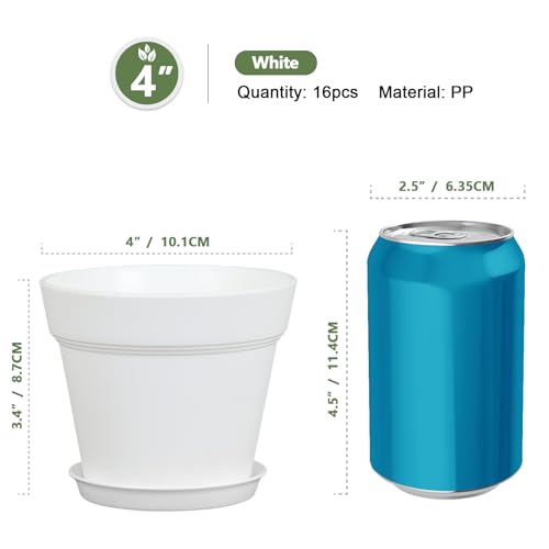 Meowell 4 inch Small Plastic Nursery Pots, 16 Pack Plant Pots for Indoor Outdoor Plants, Flower Pots with Drainage Holes and Saucers, Decorative Seedling Starter Planters for House Plants, White - color: White, size: 4inch 16pcs