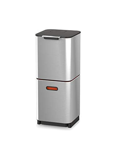 Joseph Joseph Totem Compact 10.5 Gallon/40 Litre Waste Separation and Recycling Kitchen Bin with Odour Filter and Removable Food Waste Caddy, Stainless Steel - color: Stainless Steel, size: 40L
