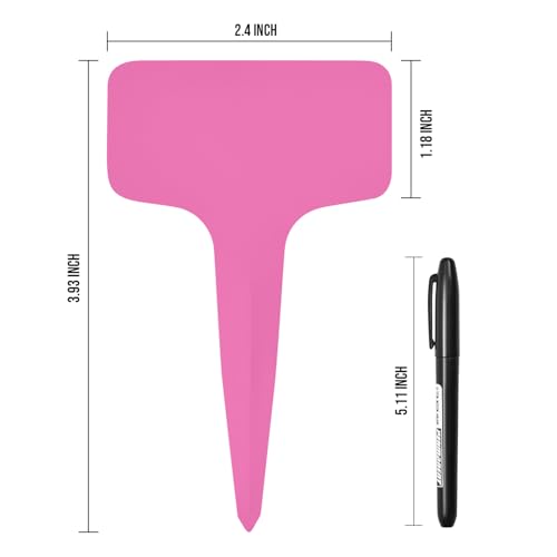 Plant Labels 200 Pcs Yuanling T-Type Plastic Garden Tags Waterproof Plant Sign Stakes Nursery Garden Makers for Seedlings Flower Vegetables Herb Potted Belt Permanet Marker Pen (Pink) - color: Pink
