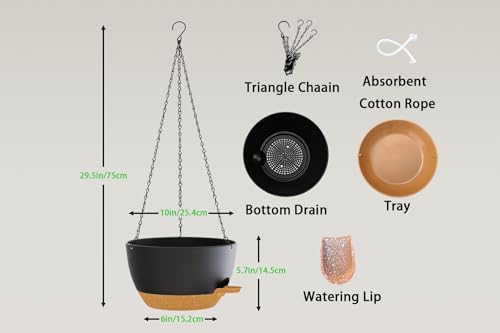 Hanging Planters, 3-Pack 10 Inch Self-Watering Pots with Drainage Holes and Chains, Matte Plastic Planters for Indoor/Outdoor Plant(Black Brown) - color: Black Brown, size: 10 inches