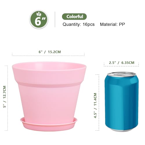 Meowell 6 inch Plastic Nursery Pots, 16 Pack Plant Pots for Indoor Outdoor Plants, Flower Pots with Drainage Holes and Saucers, Decorative Seedling Starter Planters for House Plants, Colorful - color: Colorful, size: 6inch 16pcs