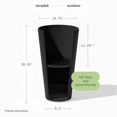 Veradek Demi Series Tall Planter - Tall Tapered Outdoor Planter with Shelf - color: Black, style: Narrow Groove -2 Pack