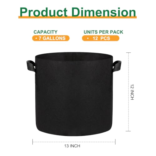 JERIA 12-Pack 7 Gallon Grow Bags, 300G Thickened Nonwoven Garden Pots,Heavy Duty Fabric Pots with Reinforced Handles - size: 7 Gallons