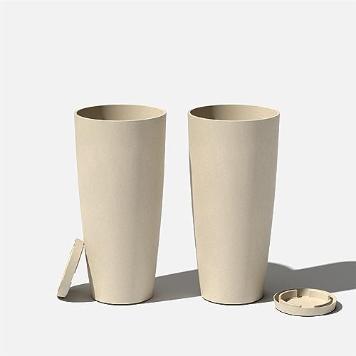 Veradek Vega Round Tall Planter Pots for Indoor/Outdoor Use | Made from Plastic - Stone Mix with Drainage Holes | Perfect for Small to Large Succulent Plants, Flowers, Modern Interior Plants - color: Sand, size: 28 inch - 2 pack with saucers