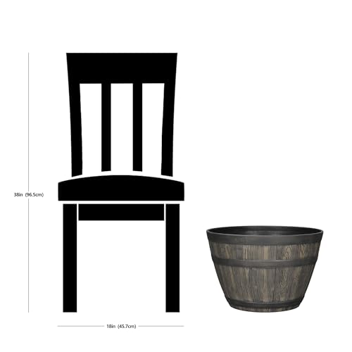 Rustic Whiskey‑Barrel‑Style Brown Resin Planter, 19.9 ix 19.9 x 13 Inch Lightweight Weather‑Resistant Flower Pot with Knock‑Out Drainage Holes for Patio Porch Garden Indoor Outdoor Use