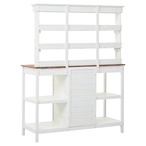 66" Large Outdoor Farmhouse Wooden Potting Bench Table, Garden Workstation with 2 Drawers, Cabinet and Open Shelves for Backyard, Mudroom, White Solid Wood Workspace Mudroom Ready