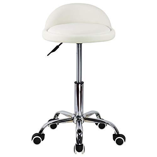 KKTONER PU Leather Round Rolling Stool with Back Rest Height Adjustable Swivel Drafting Work SPA Task Chair with Wheels (White) - color: White