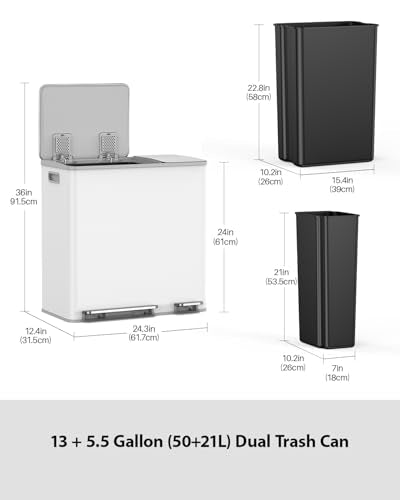 Lovewind Double Trash Can Kitchen, 13+5.5 Gallon Stainless Steel Dual Trash and Recycle Bin Combo with Silent Close Lid, Heavy-Duty Foot Pedal, Easy to Clean Garbage Can for Large Families, White - color: White, size: 13+5.5 Gallon