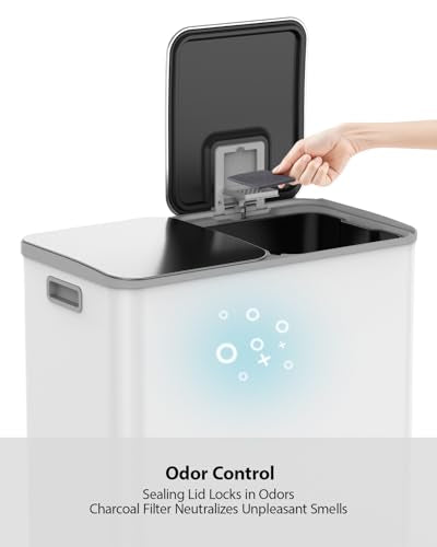 Lovewind Dual Trash and Recycling Bins for Kitchen, 2 * 11-Gallon Stainless Steel Double Trash Can, Step-On Garbage and Recycle Combo, Quiet Close, Pet-Proof, Compatible with 13-Gallon Bags, White - color: White, size: 2 x 11 Gallon