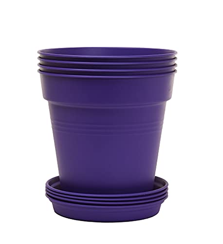 Mintra Garden Pots, 4 Pack Bulk Plastic Plant Pots with Drainage Tray, Round Indoor & Outdoor Decorative Planters with Drain Holes for Flowers, Herbs & Plants, 17cm Diameter – Purple, 6.6 in - color: Purple, size: 17cm Diameter (6.6in)