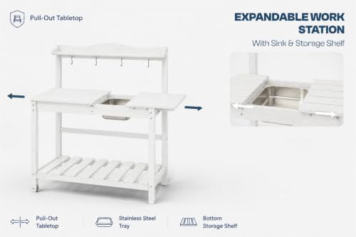 All-Weather HDPE Outdoor Potting Bench 2-Piece Set with Removable Sink, Expandable Gardening Work Station with Sliding Tabletop, Built-in Wheels, Heavy Duty Planting Table, White