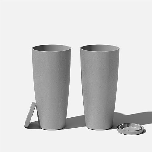 Veradek Vega Round Tall Planter Pots for Indoor/Outdoor Use | Made from Plastic - Stone Mix with Drainage Holes | Perfect for Small to Large Succulent Plants, Flowers, Modern Interior Plants - color: Gray, size: 28 inch - 2 pack with saucers