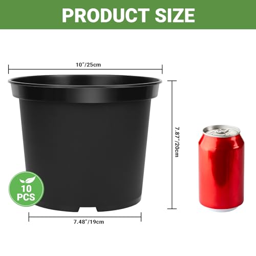 GREANER Plant Nursery Pots, 10 Inch Round Sturdy Garden Pots for Outdoor Indoor Plants, Plastic Black Seed Starting Container for Succulents, Seedlings(10PCS) - size: 10 Inch