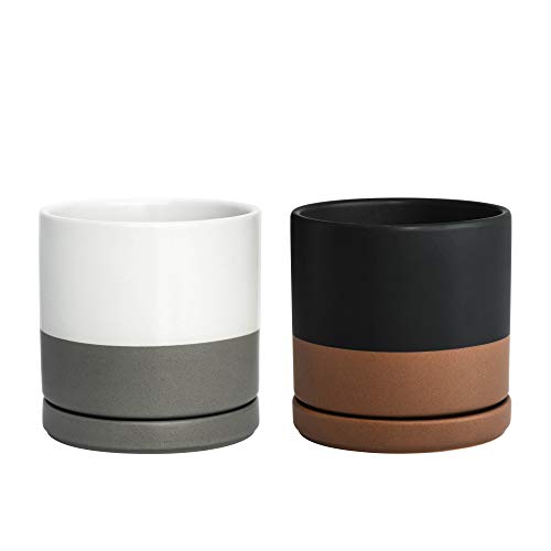 D'vine Dev Set of 2 Plants Pots, 6 Inch Ceramic Planter Pot for Plants with Drainage Hole and Saucer, White-Grey/Black-Tan, 94-V-C-C - color: White Grey/Black Tan, size: 6 Inch