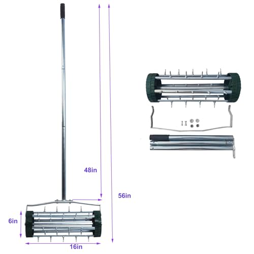 Rolling Lawn Aerator, Heavy Duty Push Tine Spike Aerator Gardening Tool with 3-Piece Long Steel Handle and Rolling Spikes, Manual Rotary Soil Lawn Aeration for Garden Yard Patio