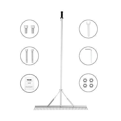 VEVOR Landscape Rake, 36" Head Aluminum Lake Weed Rake with 75" Long Handle for Loosening Soil, Lawn Care, Weeding Lake, Garden, Silver - size: 75 inch