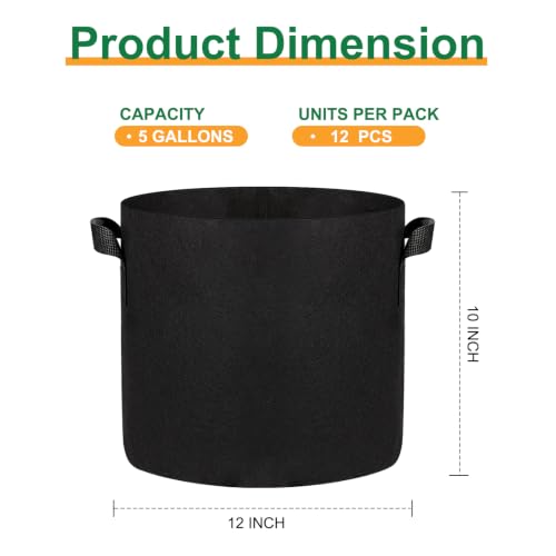 JERIA 12-Pack 5 Gallon Grow Bags, 300G Thickened Nonwoven Garden Pots,Heavy Duty Fabric Pots with Reinforced Handles - size: 5 Gallons