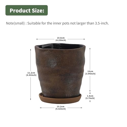 Modern Irregular Ceramic Planter Set of 4, 4 Inch Small Unique Reactive Glaze Flower Pots with Drainage Holes & Saucers - Indoor Outdoor Decorative Succulent Orchid Pots- Brown - color: Brown, size: 4inch-Set of 4