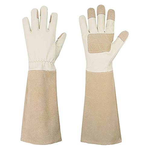 HANDLANDY Bundle - 2 Pairs: Rose Pruning Long Gardening Gloves, Ladies Heavy Duty Yard Work Gloves - Beige, Khaki, Medium