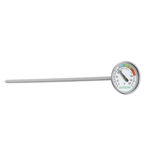 Compost Soil Thermometer, 304 Stainless Steel Case and Probe,1.75" Dial Size, 20" Stem Length, 0-200 Deg F, 3 Temperature Zones