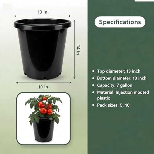 Green Oasis - 7 Gallon Nursery Pots (5 Pack) – Professional with Drainage Holes - Heavy Duty Black Plastic Plant Containers for Indoor/Outdoor Growing