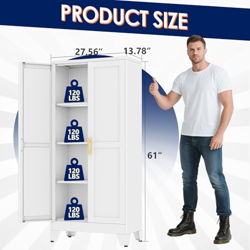 erosoei 61" H Metal Garage Storage Cabinet, Metal Pantry Cabinet with 2 Doors, Locker Steel Cabinet with 3 Adjustable Shelves, Freestanding Cupboard for Garage,Office,Home,Gym,School - color: White, size: 61"-NCasNLck