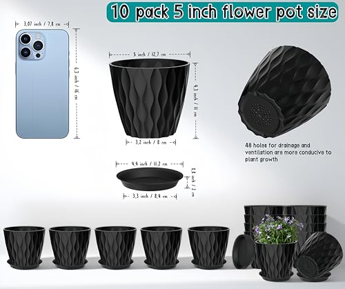 10 Pack 5 Inch Plant Pots with Drainage and Saucers, Black Plastic Flower Pots for Indoor and Outdoor Plants, Stackable Nursery Planters for Houseplants and Herbs, Black - color: Black, size: 10 Pack 5 Inch