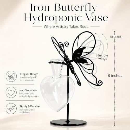 Butterfly Propagation Station with Heart Glass Vase & Metal Stand - color: Butterfly