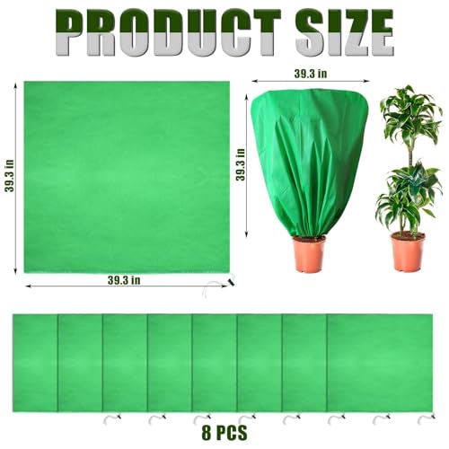 8 Pcs Plant Covers Frost Protection Bag 39.3"X39.3" Winter Reusable Plants Jacket with Drawstring Shrub Protection Wraps Bags Frost Blanket for Winter Outdoor Garden Plants - color: Green, size: 39.3 × 39.3 Inch