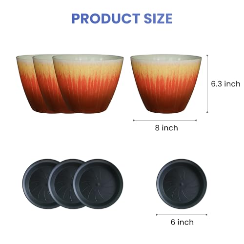 Plant Pots Pack of 4, 8 inch Plastic Flower Pots, Modern Glossy Finishing Planter for Indoor Outdoor Plants (Orange Glaze, 4 Pack) - color: Orange Glaze, size: 4 pack