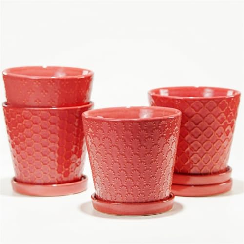 EFISPSS Ceramic Plant Pots, 5 Inch Planters with Drainage Holes and Ceramic Tray, Relief Design Flower Planter, Desktop Office Windowsill Decoration Gift Set of 4 - Magenta - color: Magenta