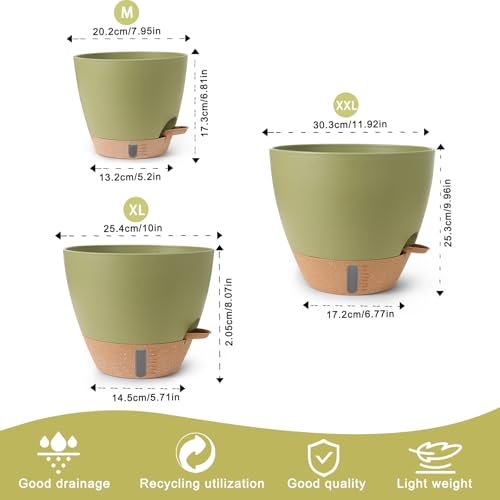 Self Watering Pots for Indoor Plants, 3 Pack 12/10/8 Inch, Large Planter with Water Reservoir, Modern Decorative Flower Pots for Home & OfficeGreen - color: Green-small