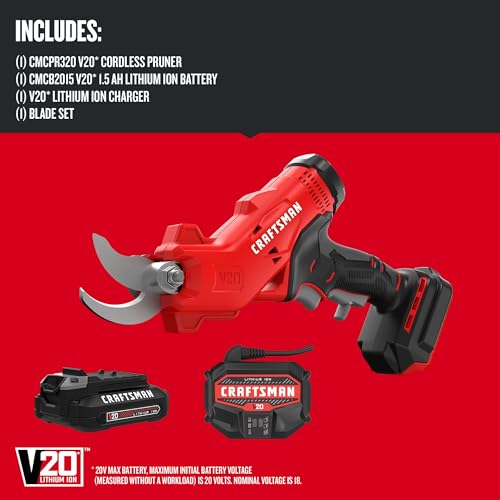 CRAFTSMAN V20 Cordless Electric Pruner, Pruning Shears for Gardening, 2 Ah Battery and Charger Included, Electric Pruning Shears, Tree Pruner (CMCPR320C1)