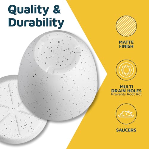 White Gray Plant Pots with Drainage Holes & Saucers 10 Pack, Indoor & Outdoor Stackable Space-Saving Planters for Houseplants & Flowers, (7", 6.7", 6", 5.3", and 4.8" Inches), Durable & Weatherproof