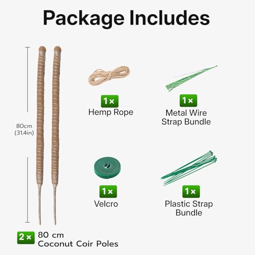 Mcbazel 2 Pack 31.5 Inch Bendable Moss Pole for Plants Monstera - Coco Coir Plant Support Stakes for Climbing Indoor Pothos, Potted Climbers & Philodendron - Flexible Stick Kit with Full Garden Ties - size: 2x80CM/31.5inch