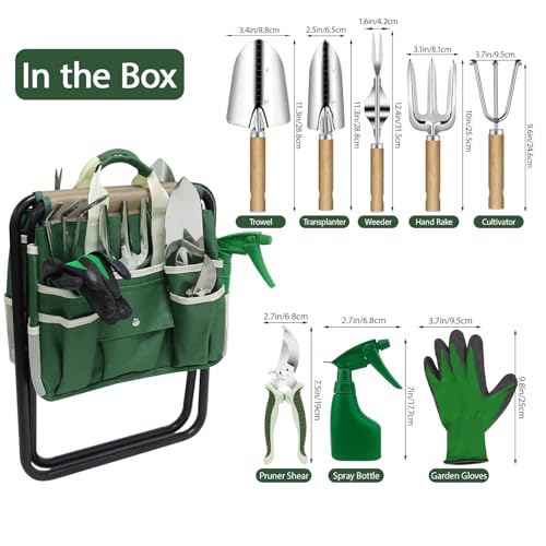 Garden Tool Set, 10 Piece Kit with Heavy Duty Folding Stool, Detachable Storage Tote Bag, Stainless Steel Tools, Gifts for Women Men Green - style: Green with Stool