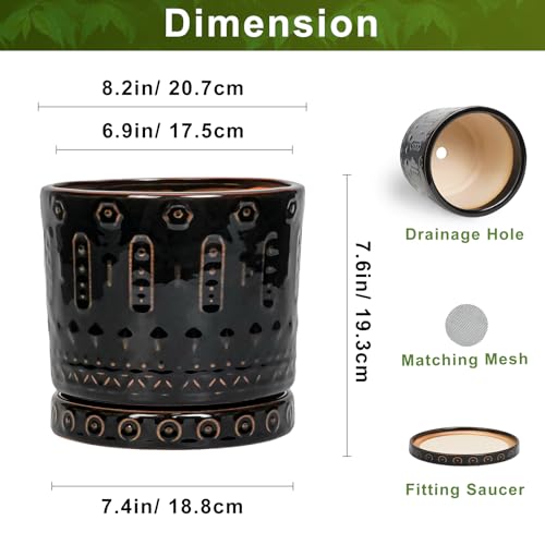Eightpot 8 Inch Pots for Plants, Ceramic Plant Pot for Indoor Outdoor, Round Planter with Drainage Hole and Tray, Modern Flower Pot, Decorative Plant Pots, Room Decor, House Warming Gifts, Black - color: Black - 2, size: 8 Inch