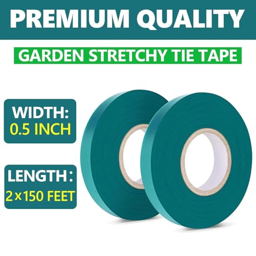 Easytle 2 Pack x 150 ft Stretch Tie Tape Roll, 1/2" Garden Tie Tape, Thick Sturdy Plant Ribbon Garden Green Vinyl Stake Gardening Tools for Indoor Outdoor Patio Plant Use - size: 300 ft