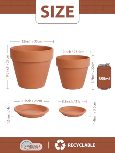 INGOFIN Terracotta Pot with Saucer 10&12 Inch - Ceramic Clay Pot for Plants with Drainage Hole, Large Terra Cotta Flower Planter with Tray for Indoor Outdoor Plants - size: 10/12 inch -2 pcs