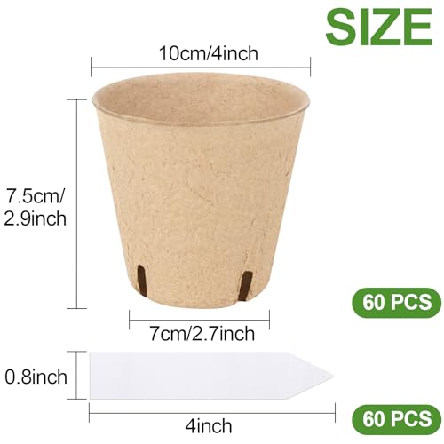 60PCS 4-Inch Biodegradable Peat Pots with Drainage Holes for Seedlings, Includes 20 Plant Labels, Perfect for Garden Germination & Nursery Use - size: 4 Inch