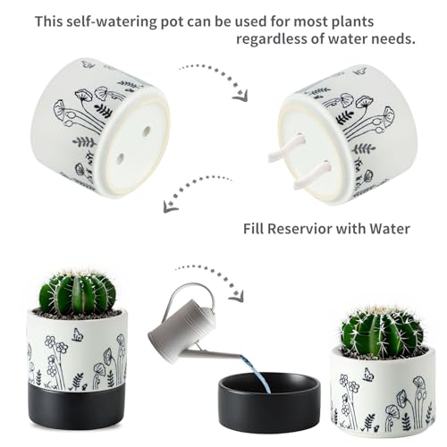 Nihow Self Watering Pots for Indoor Plants,4.5+6 Inch,White Hand Painting - color: White, size: 4.5"+6" Self Watering