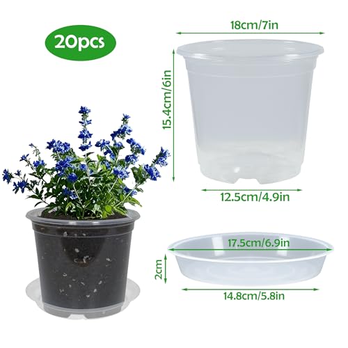 20 Pack 7 Inch Nursery Pots with Drainage and 20 Pack Plant Saucers, Plant Pots for Plants Transparent Flower Potting Containers for Plants Clear Seeding Starter Pot (Clear, 7 Inch) - color: Clear, size: 7 Inch